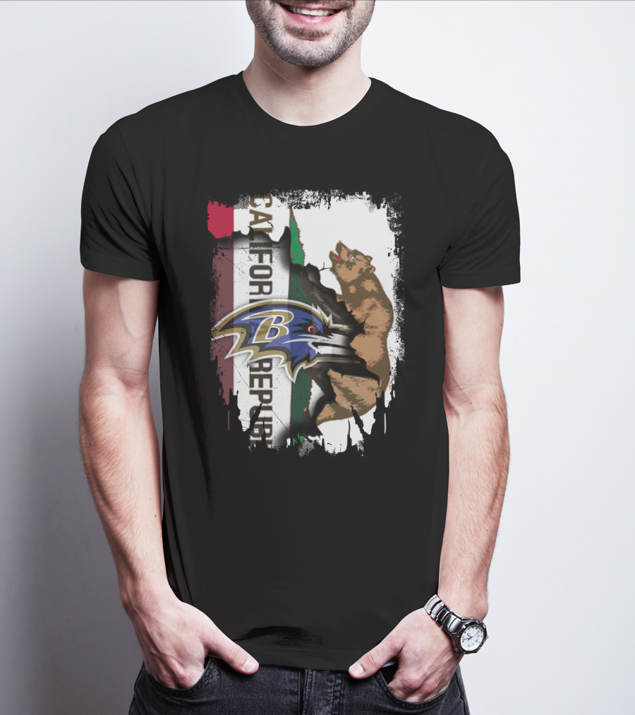 California Republic Bear And Baltimore Ravens Logo Fusion T-Shirt