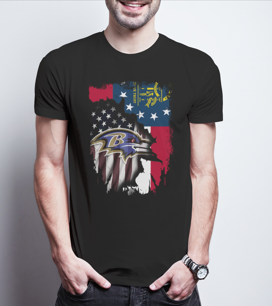 Georgia Flag With Baltimore Ravens American Flag Overlay T-Shirt