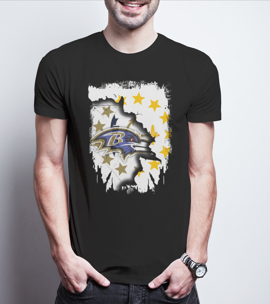 Rhode Island Map With Baltimore Ravens Logo And Stars T-Shirt