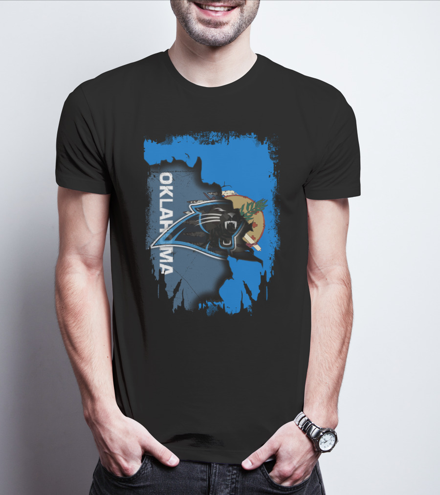Oklahoma Collaboration With Carolina Panthers Logo And State Flag Elements T-Shirt