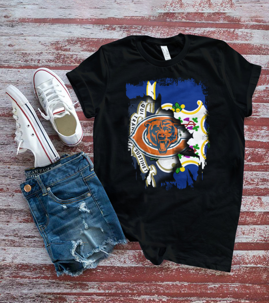 Connecticut State Flag Blended With Chicago Bears T-Shirt