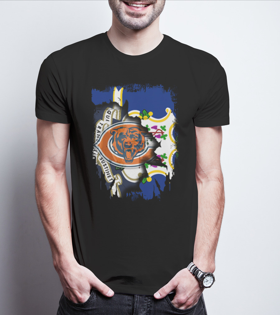 Connecticut State Flag Blended With Chicago Bears T-Shirt