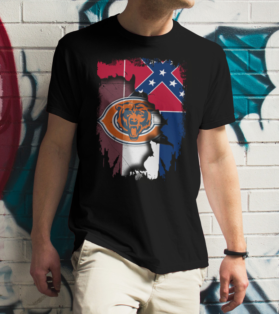 Chicago Bears Logo Over Mississippi Flag Tear T-Shirt