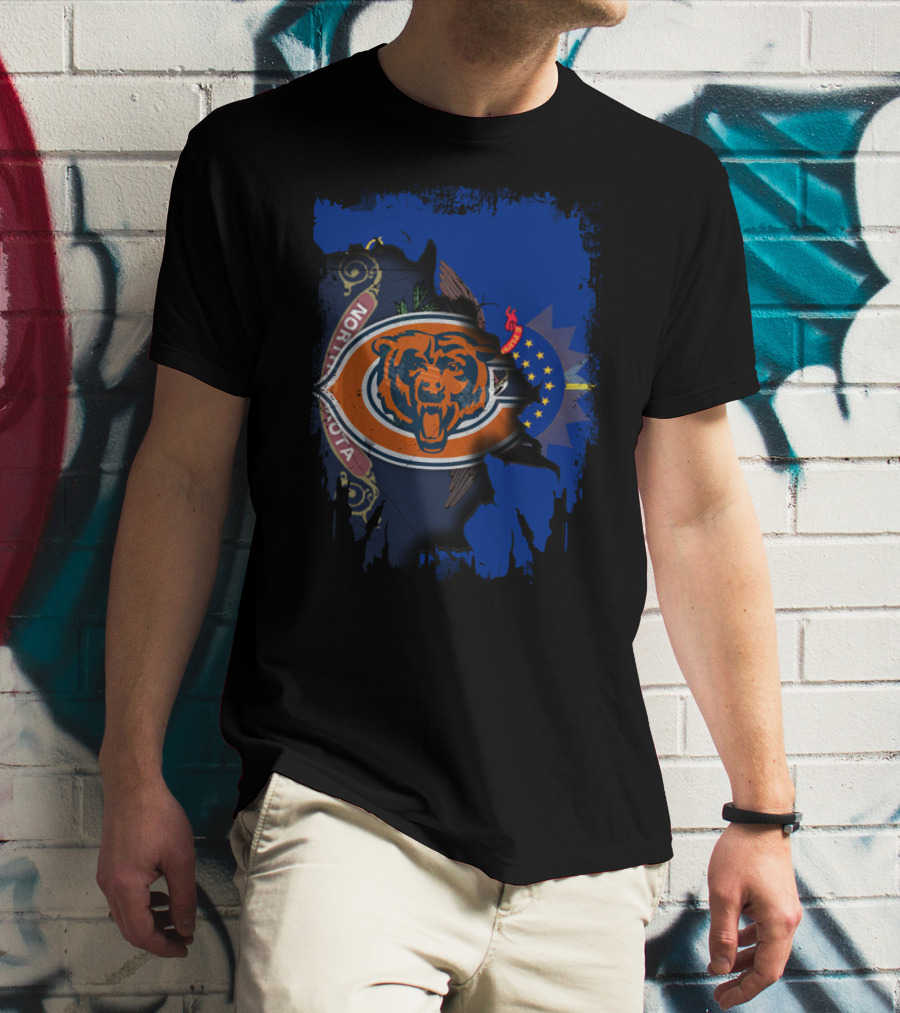 North Dakota Flag With Chicago Bears Logo Fusion T-Shirt