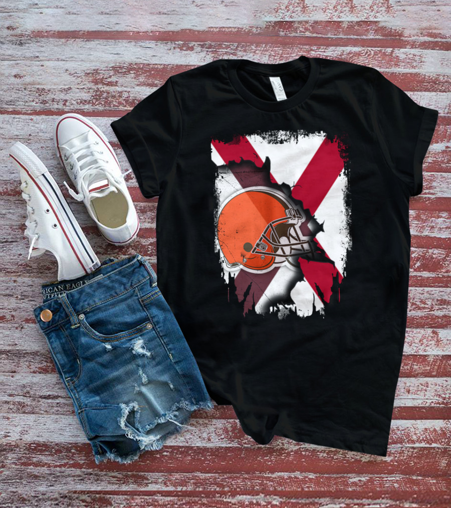 Alabama Browns Helmet Crossover On Distressed Crimson And White Background T-Shirt