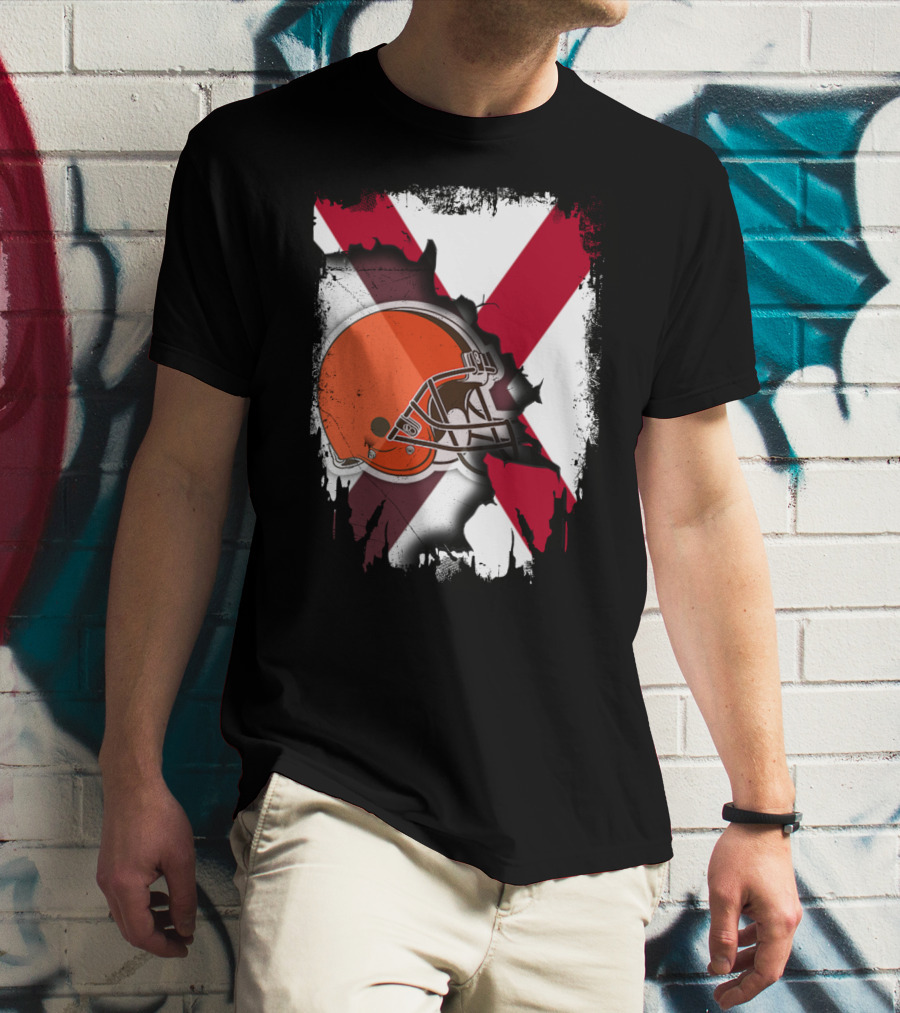 Alabama Browns Helmet Crossover On Distressed Crimson And White Background T-Shirt