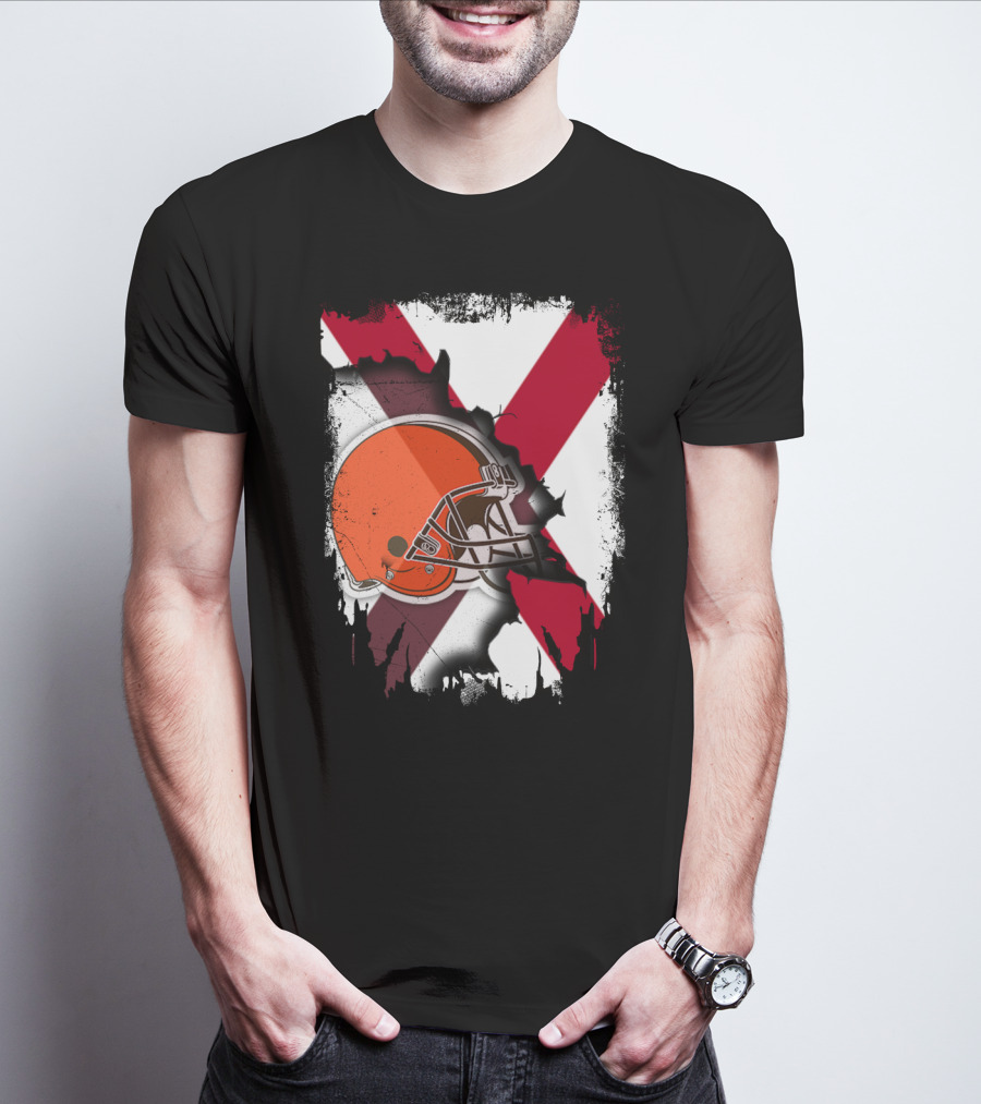 Alabama Browns Helmet Crossover On Distressed Crimson And White Background T-Shirt