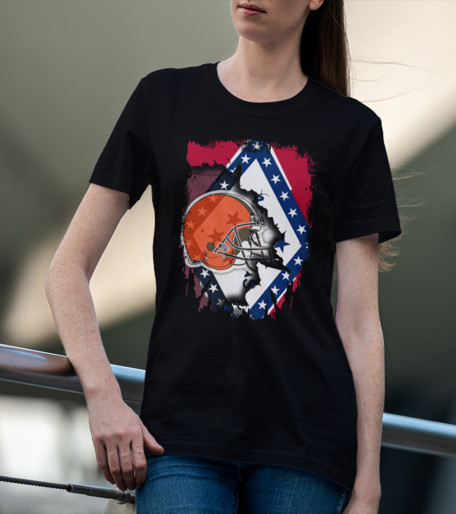 Together Arkansas Flag Tattered With Browns Helmet T-Shirt