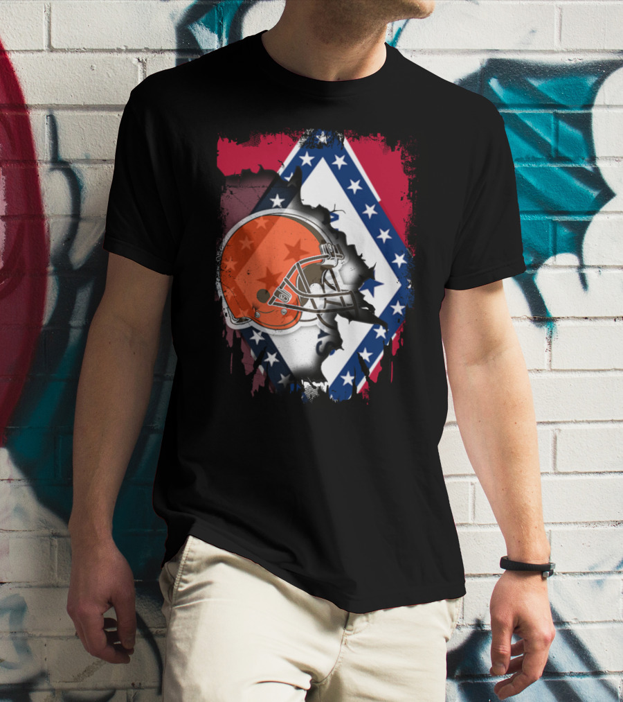 Together Arkansas Flag Tattered With Browns Helmet T-Shirt