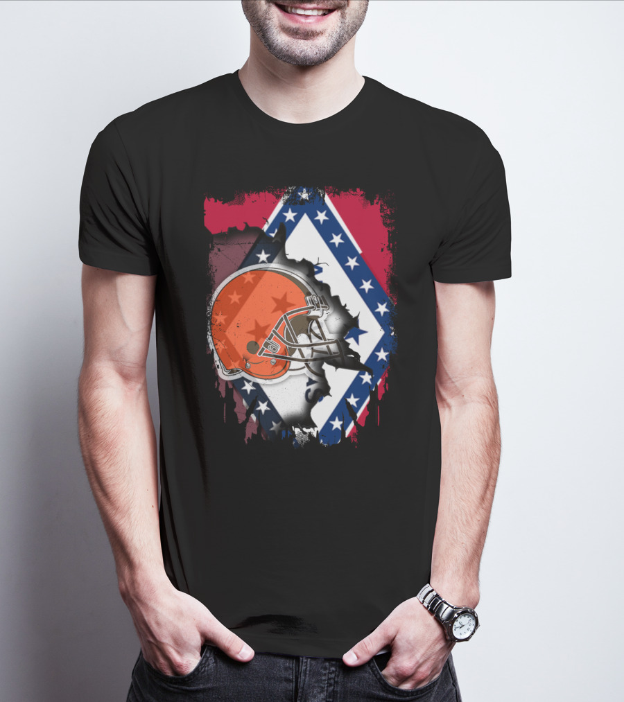 Together Arkansas Flag Tattered With Browns Helmet T-Shirt