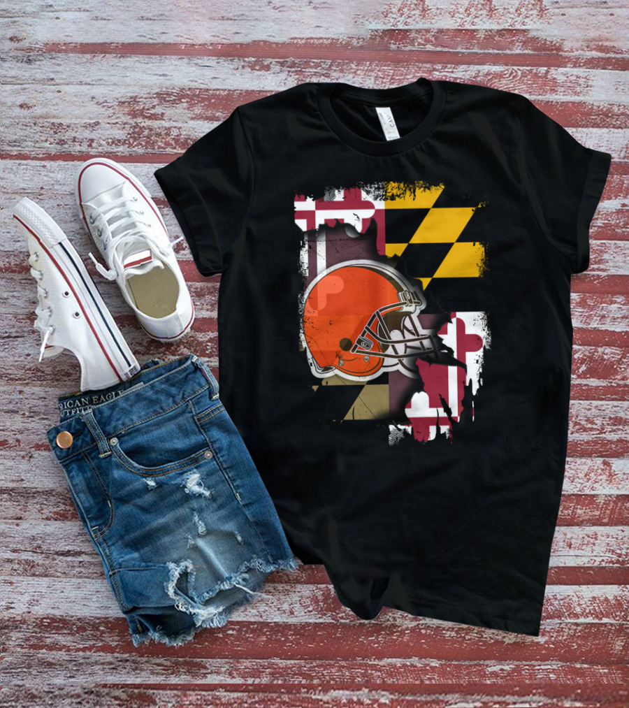 Maryland Flag With Cleveland Browns Helmet T-Shirt