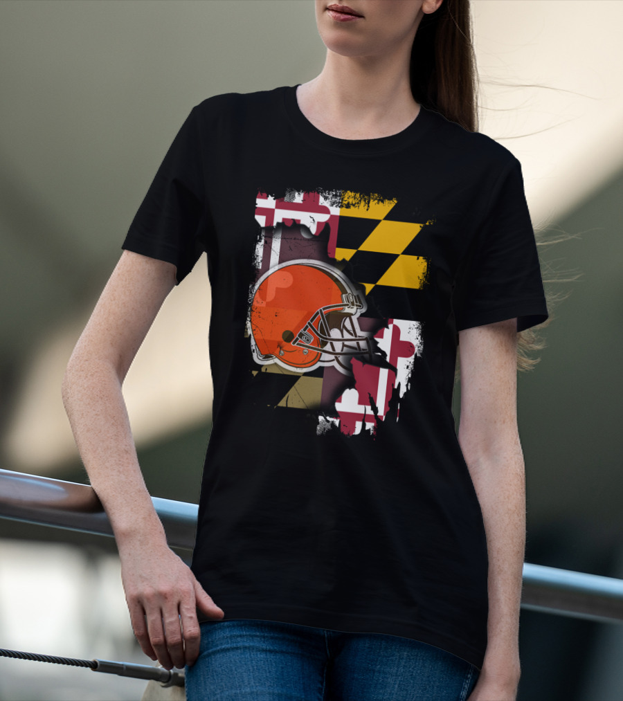 Maryland Flag With Cleveland Browns Helmet T-Shirt