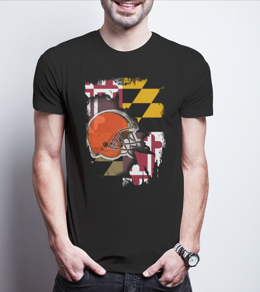 Maryland Flag With Cleveland Browns Helmet T-Shirt