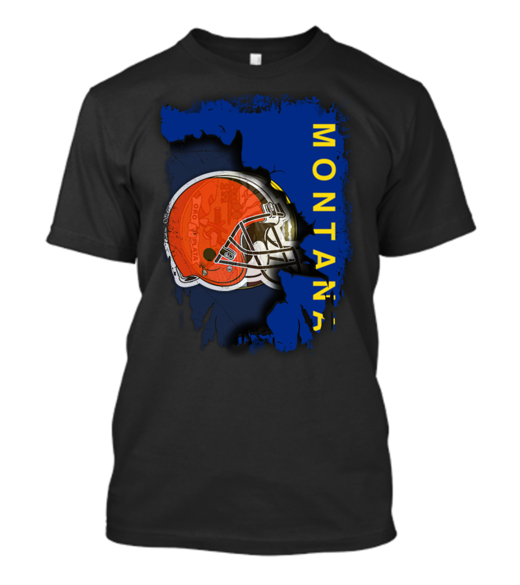 Montana Collaboration With Orange Football Helmet Browns Connection T-Shirt