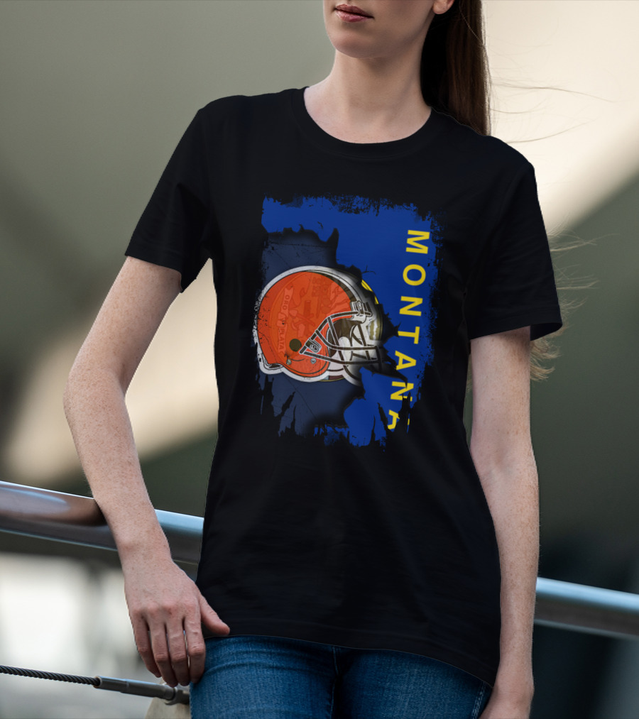 Montana Collaboration With Orange Football Helmet Browns Connection T-Shirt