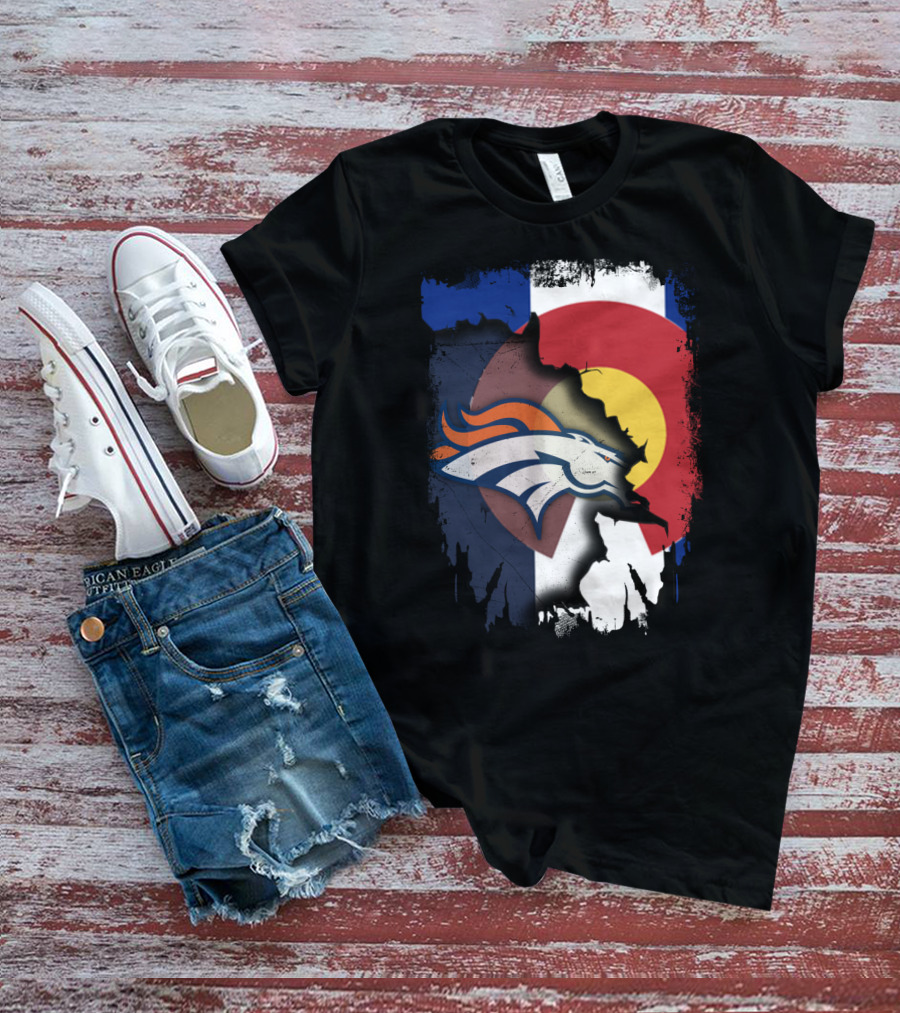 Colorado Flag With Broncos Logo Fusion T-Shirt