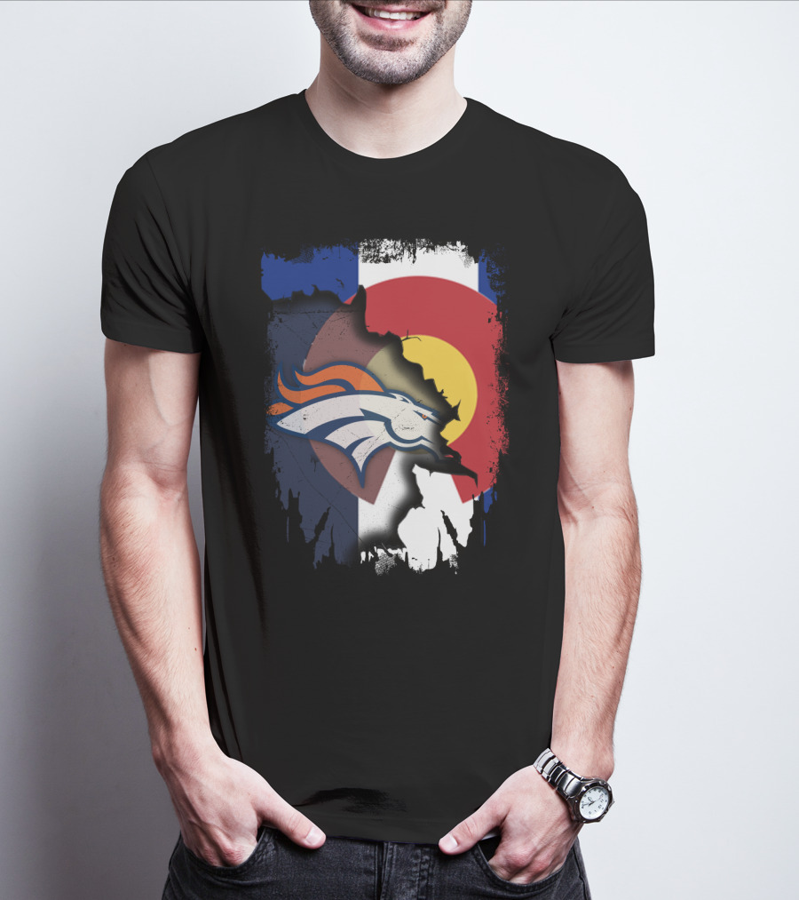 Colorado Flag With Broncos Logo Fusion T-Shirt