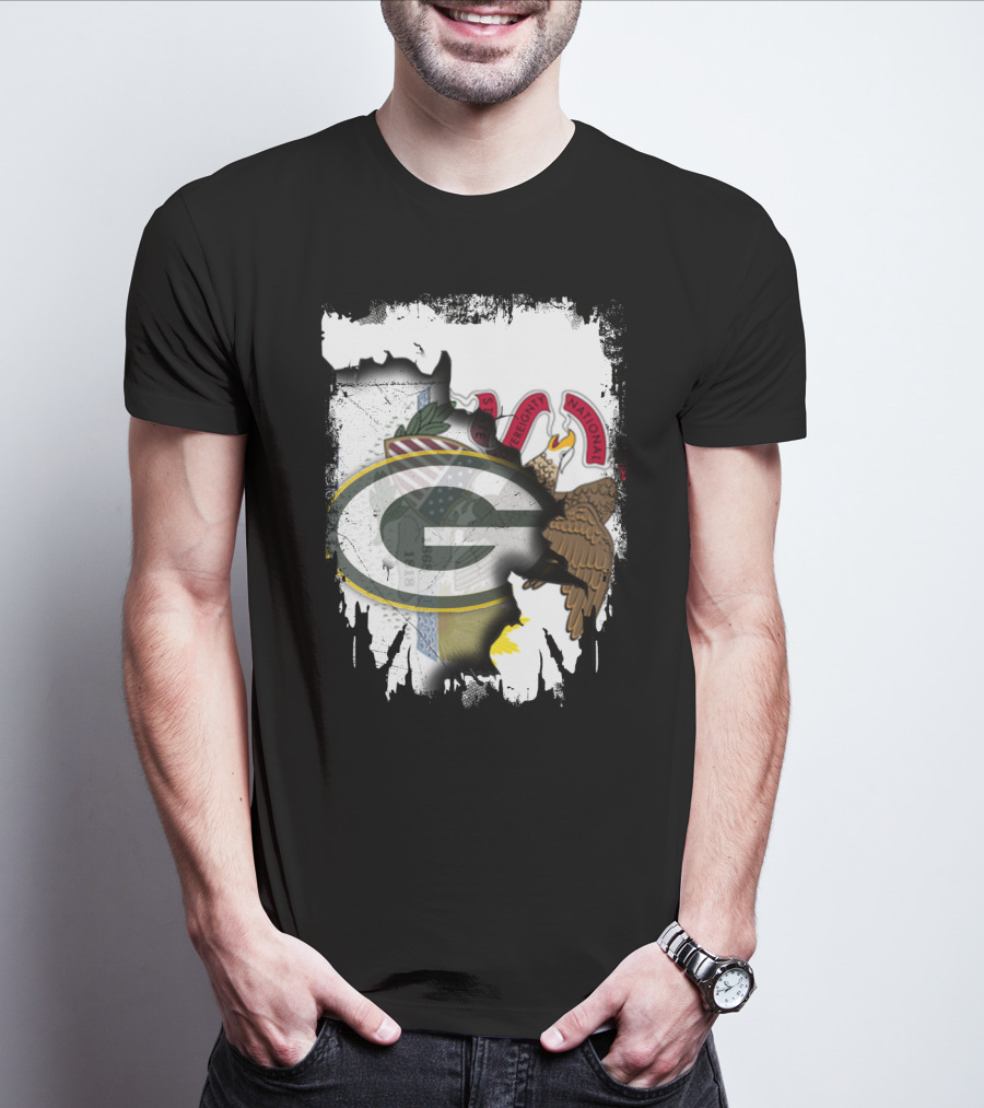 Illinois State Flag Blended With Green Bay Packers T-Shirt