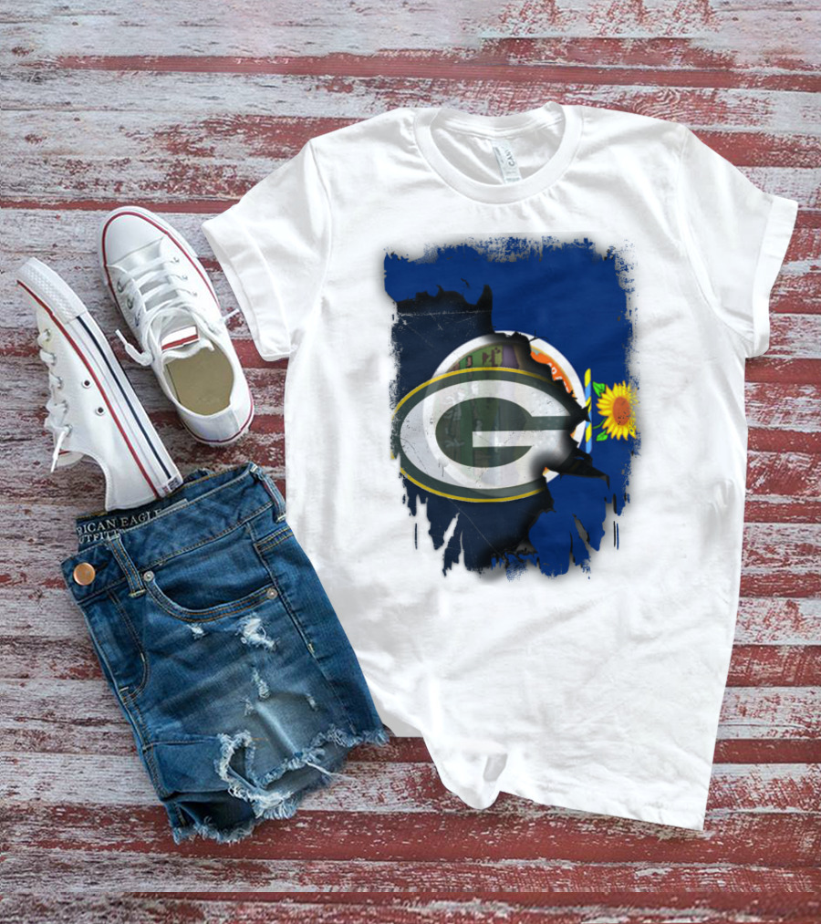Kansas State Flag With Green Bay Packers Logo And Sunflower T-Shirt