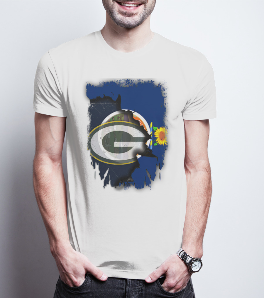 Kansas State Flag With Green Bay Packers Logo And Sunflower T-Shirt