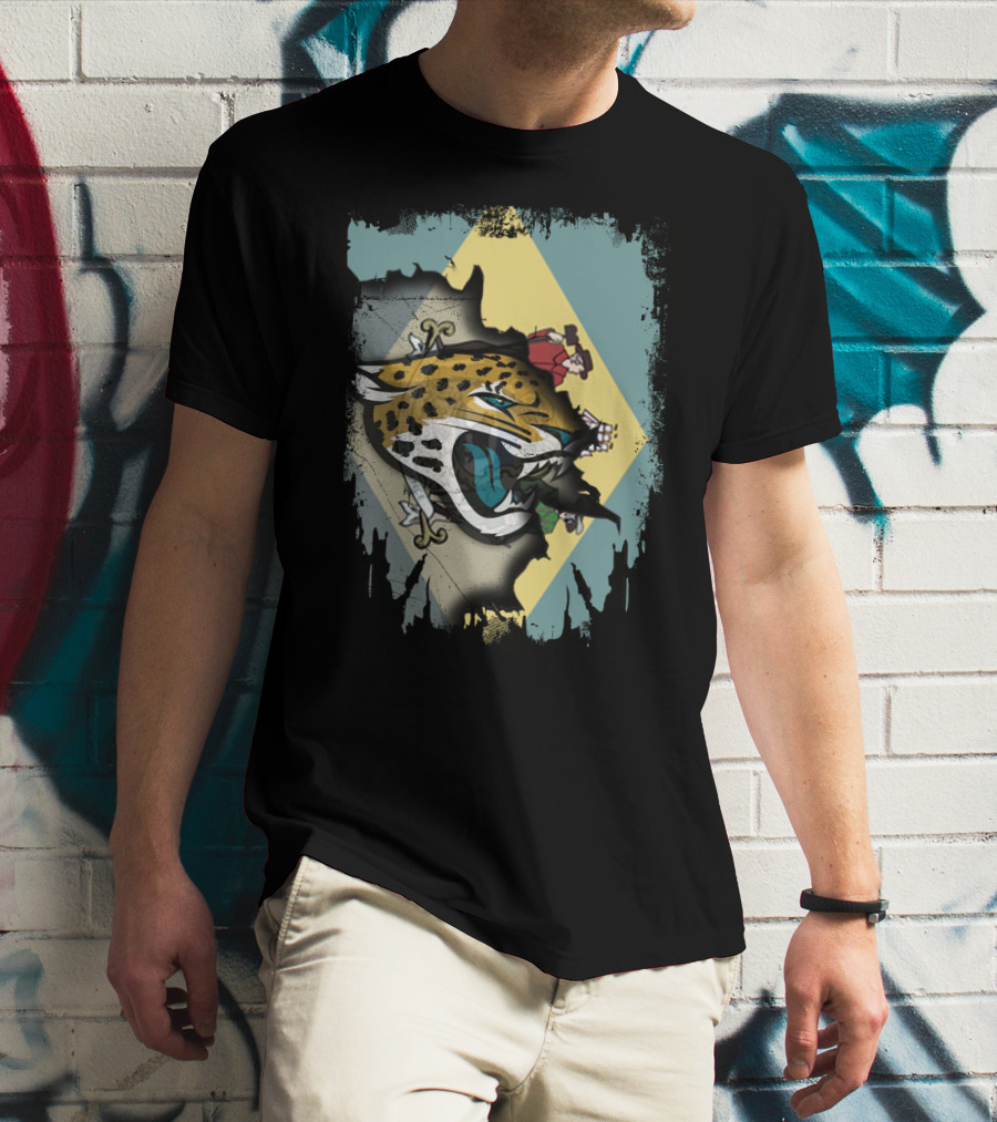 Delaware State Flag With Jacksonville Jaguars Logo Fusion T-Shirt