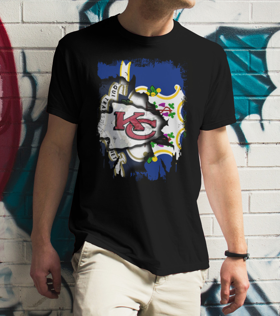 Connecticut State Flag With Kansas City Chiefs Logo Fusion T-Shirt
