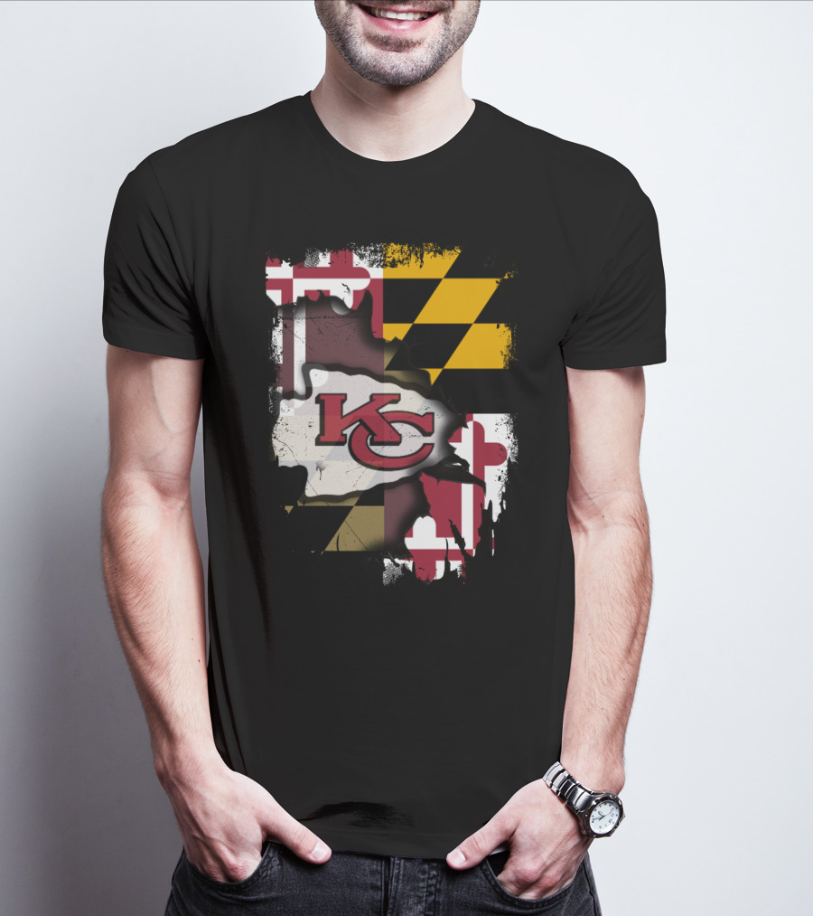 Maryland Flag With KC Chiefs Logo Background T-Shirt