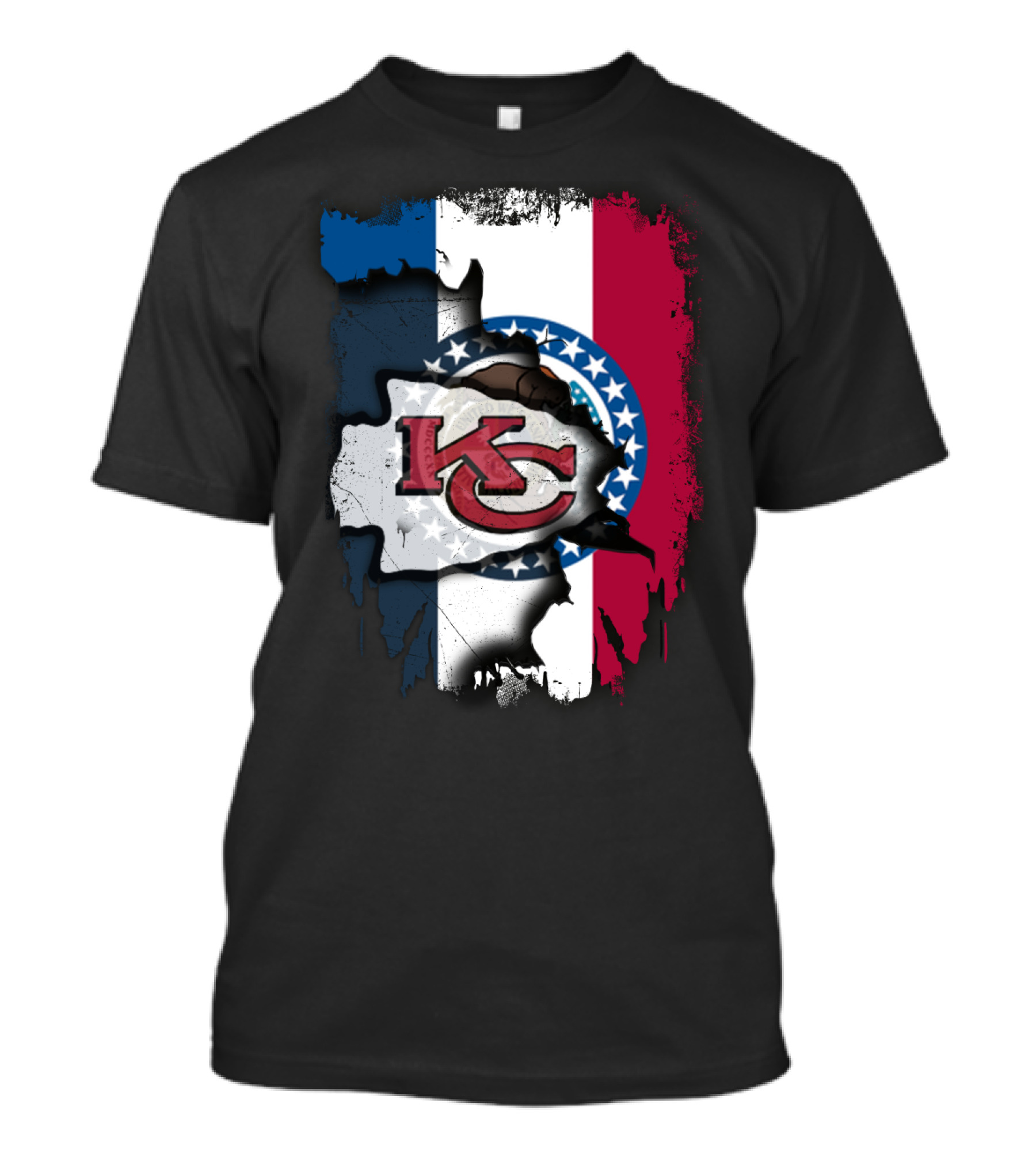 KC Chiefs Logo On Torn Missouri Flag Design Together T-Shirt
