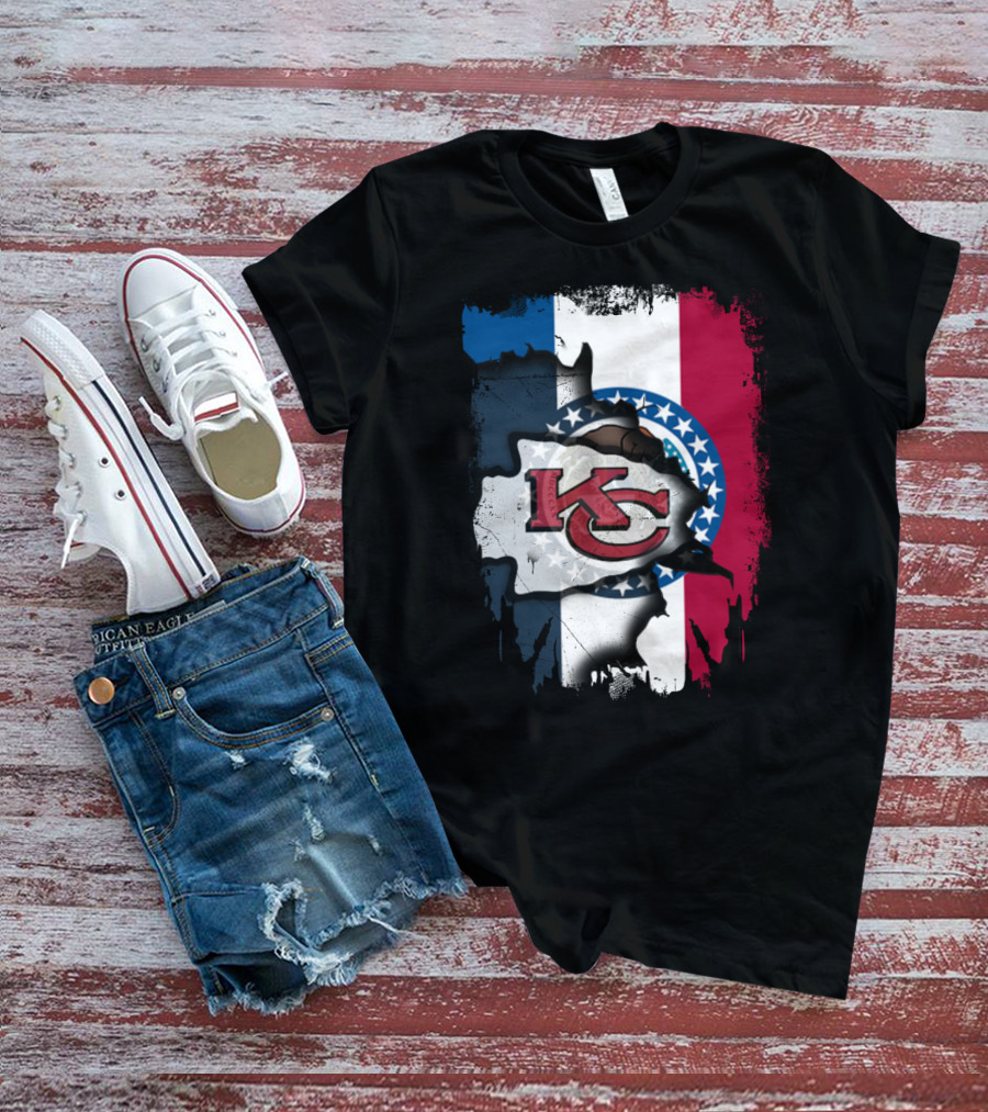 KC Chiefs Logo On Torn Missouri Flag Design Together T-Shirt