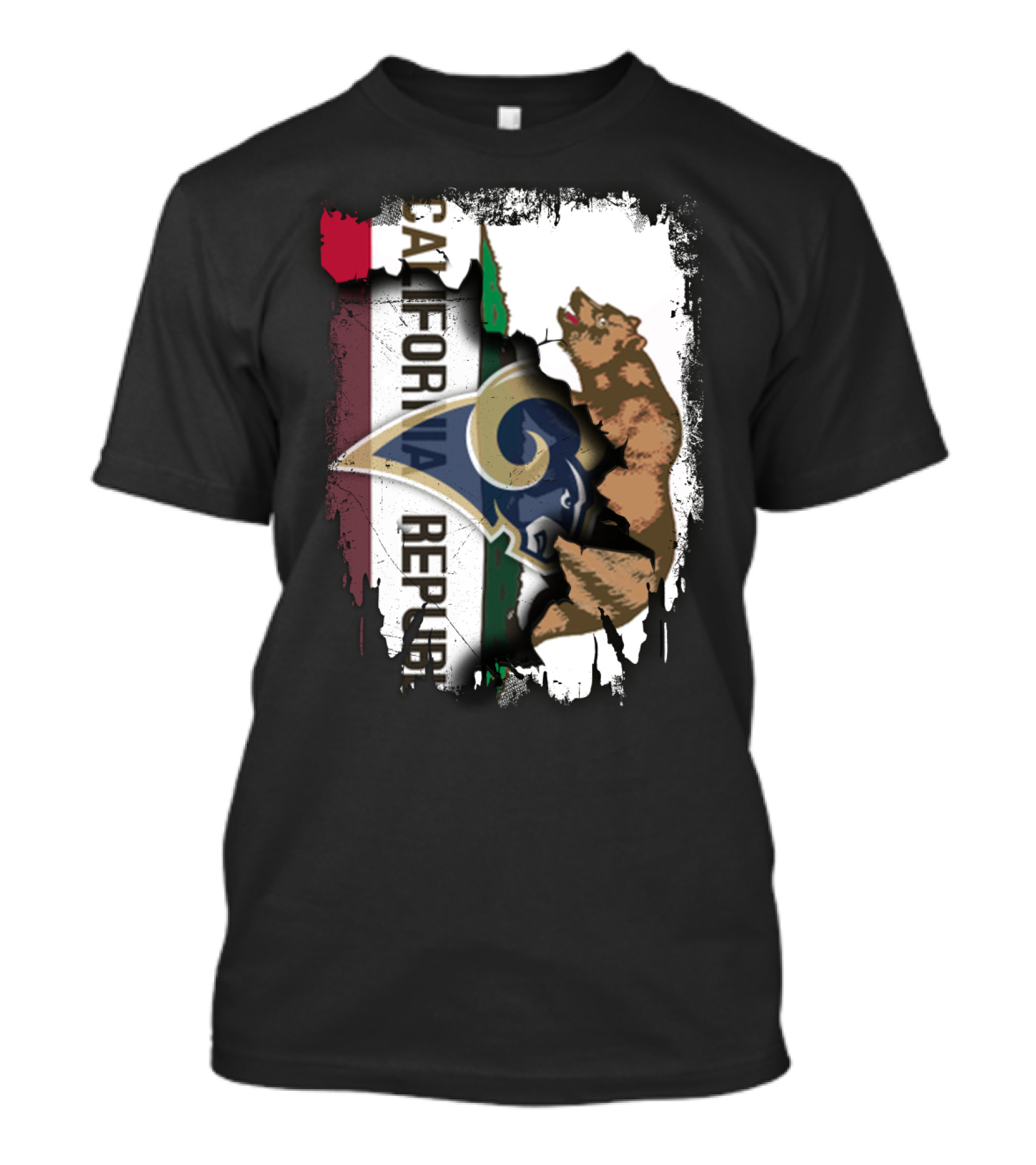 California Republic With Rams Logo Featuring Bear And State Flag T-Shirt