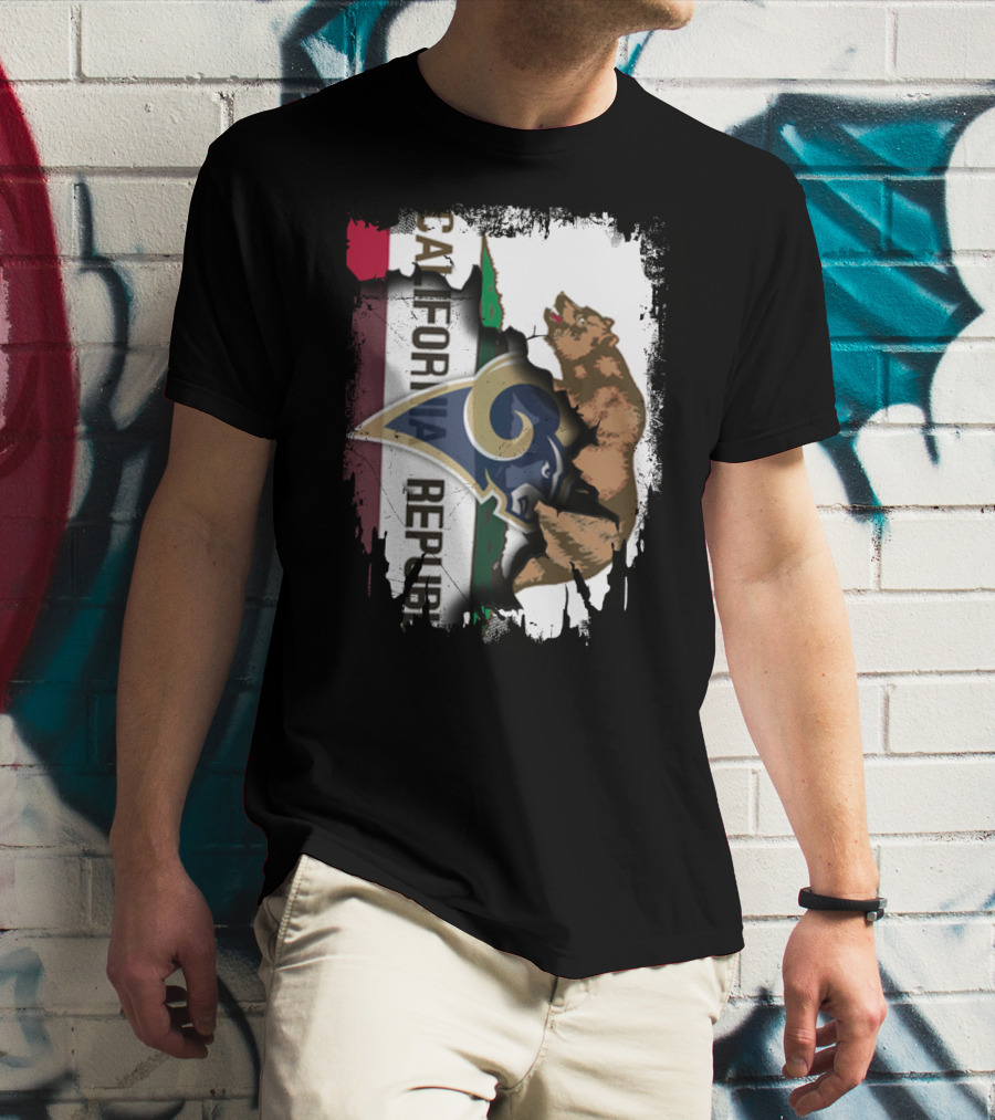 California Republic With Rams Logo Featuring Bear And State Flag T-Shirt