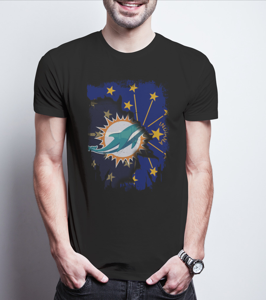 Indiana State Stars With Miami Dolphins Logo Fusion T-Shirt