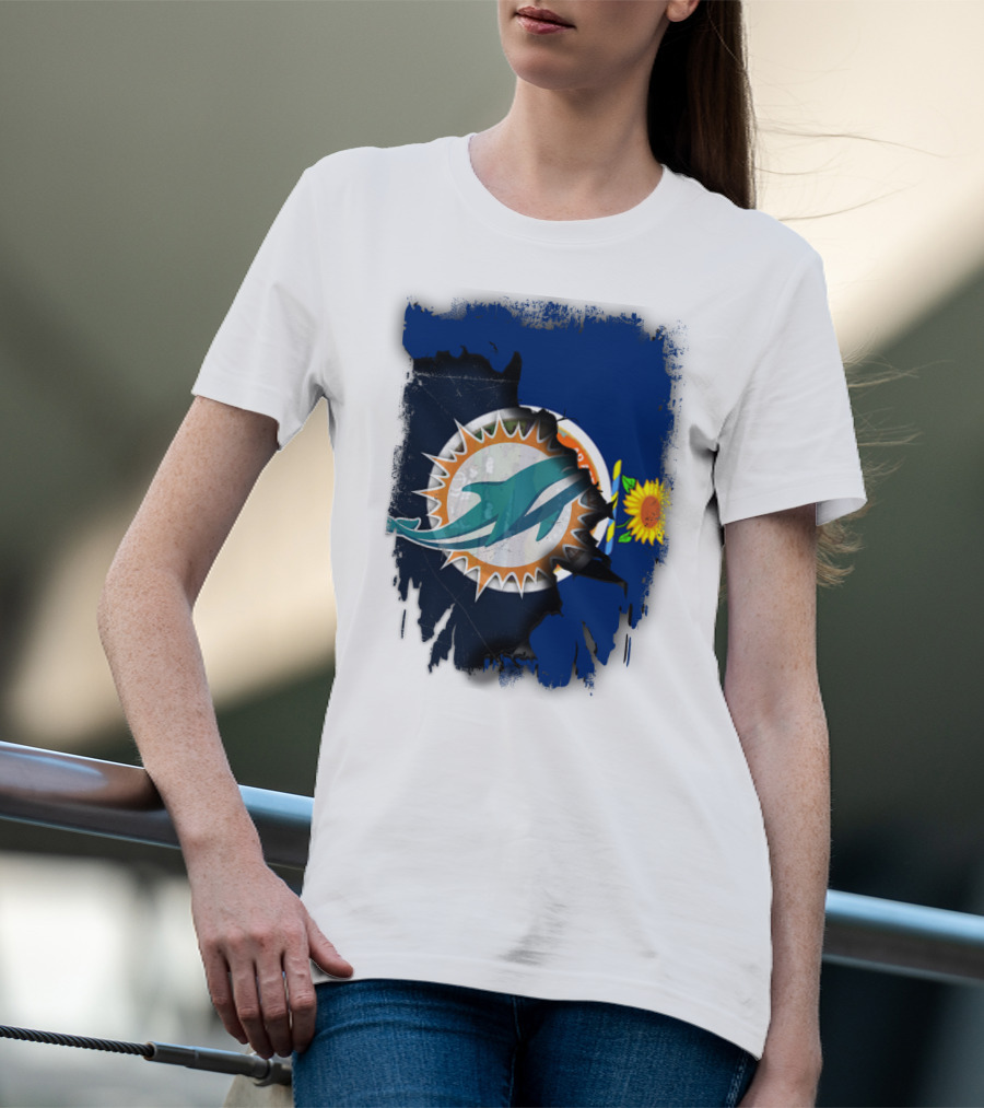 Kansas Flag With Miami Dolphins Logo And Sunflower T-Shirt