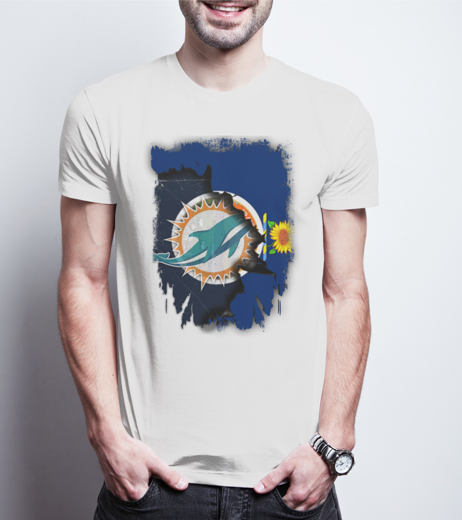 Kansas Flag With Miami Dolphins Logo And Sunflower T-Shirt