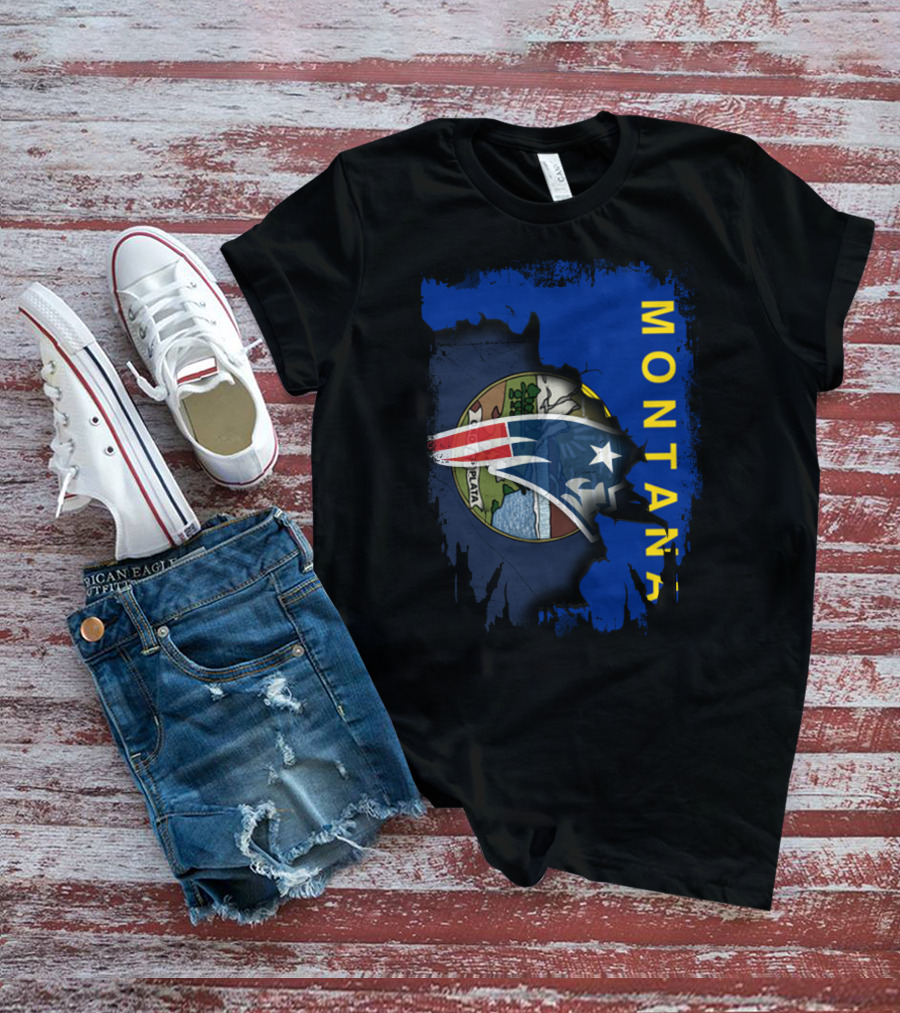 Montana State Flag With New England Patriots Logo Overlay T-Shirt