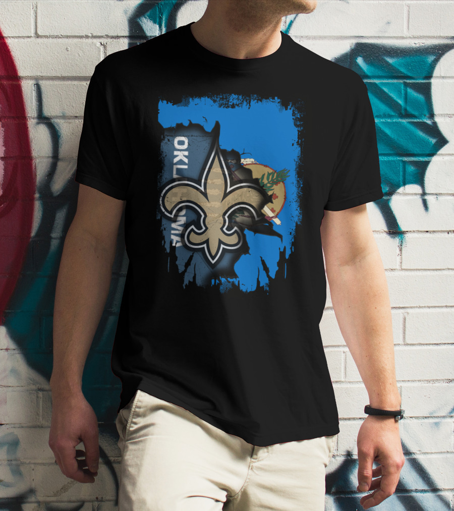 Oklahoma State Flag With New Orleans Saints Fleur-de-Lis T-Shirt