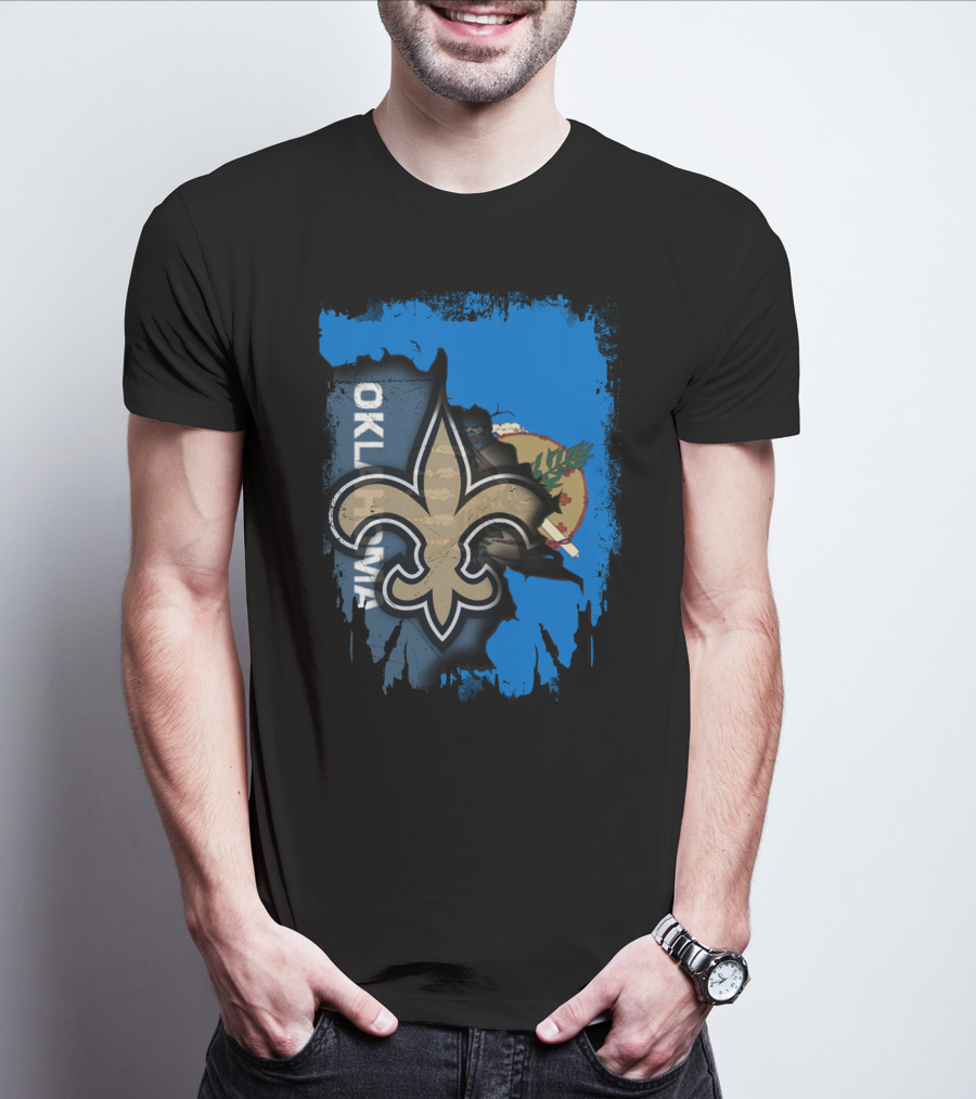 Oklahoma State Flag With New Orleans Saints Fleur-de-Lis T-Shirt
