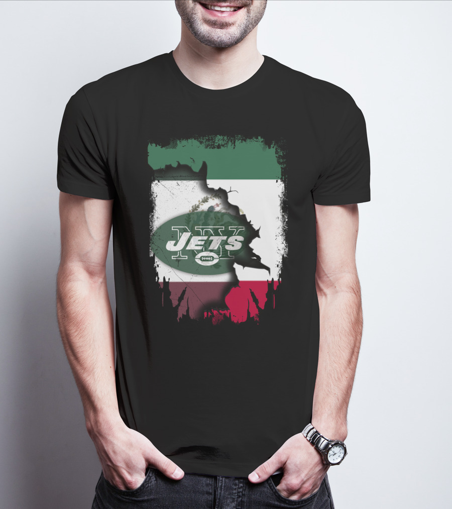 Mexico Flag Background With NY Jets Logo And Aztec Eagle T-Shirt