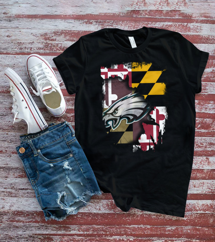 Maryland Pride Together With Eagles Logo Over State Flag T-Shirt