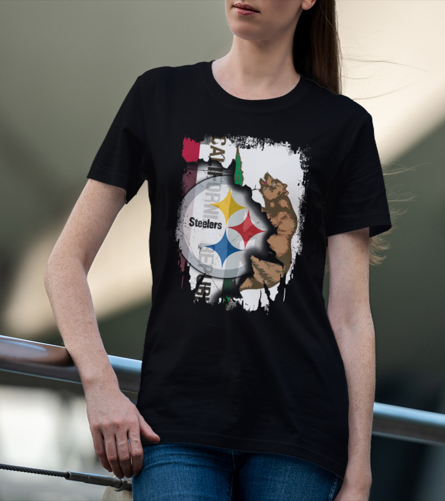 California Bear With Steelers Logo Fusion T-Shirt