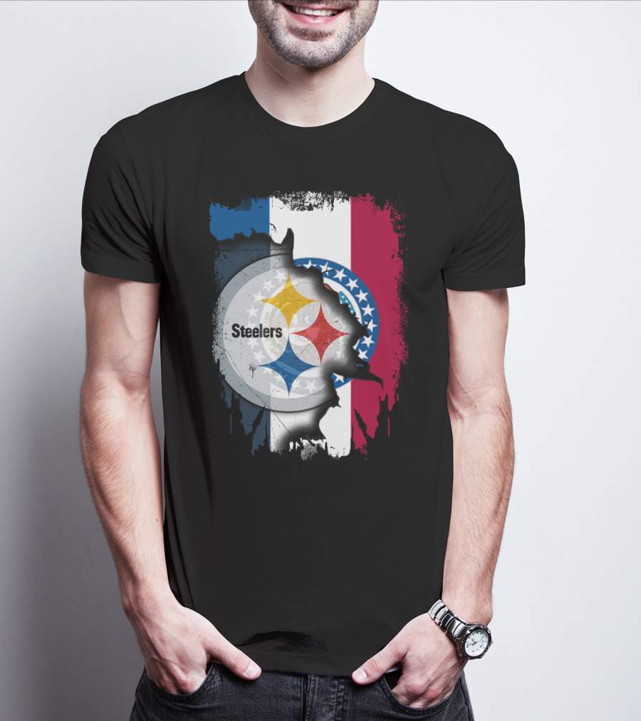 Steelers Emblem On Missouri Flag Background T-Shirt