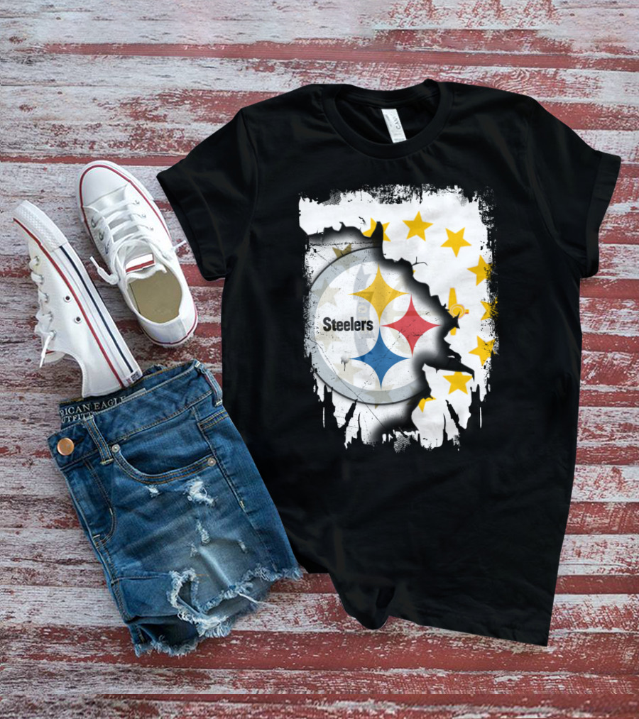 Steelers Logo With Rhode Island Stars And Torn Effect T-Shirt