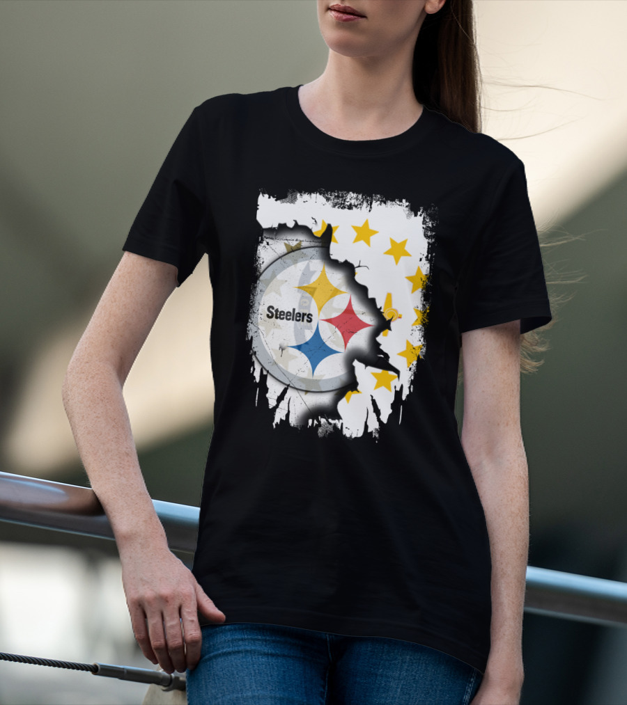Steelers Logo With Rhode Island Stars And Torn Effect T-Shirt