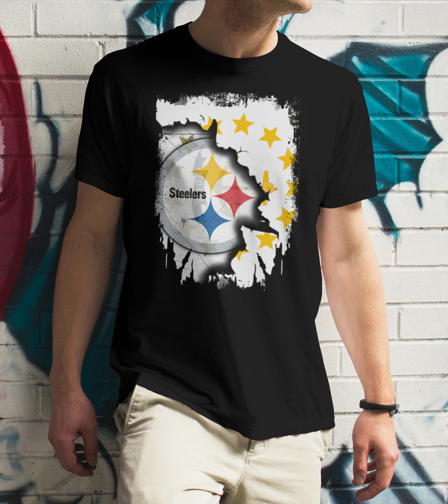 Steelers Logo With Rhode Island Stars And Torn Effect T-Shirt