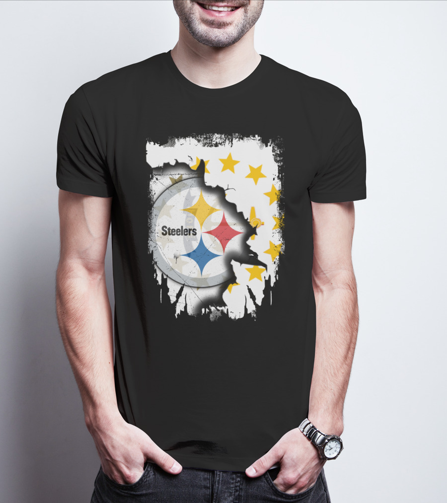 Steelers Logo With Rhode Island Stars And Torn Effect T-Shirt