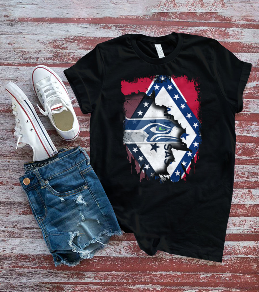 Arkansas Flag Distressed Overlay With Seahawks T-Shirt