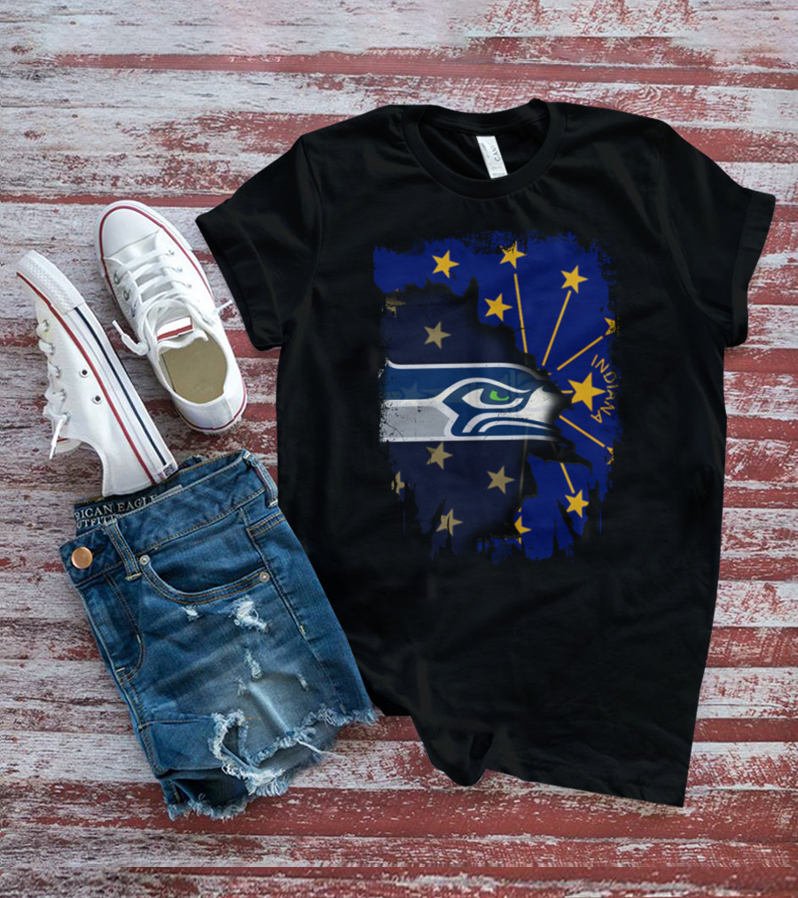 Seahawks Logo Blended With Indiana Flag Stars T-Shirt