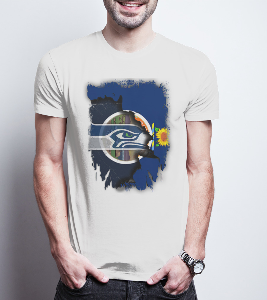 Kansas With Seahawks Heart And Sunflower Emblem T-Shirt