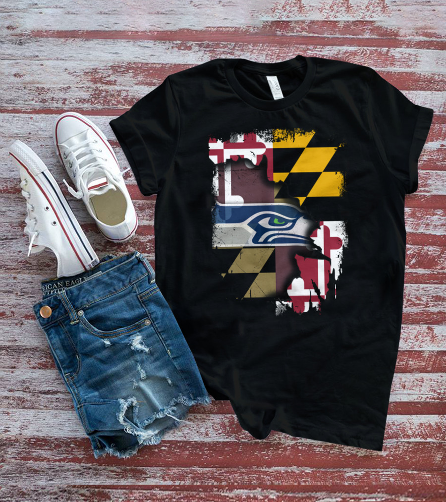 Maryland Flag And Seahawks Logo Blend T-Shirt