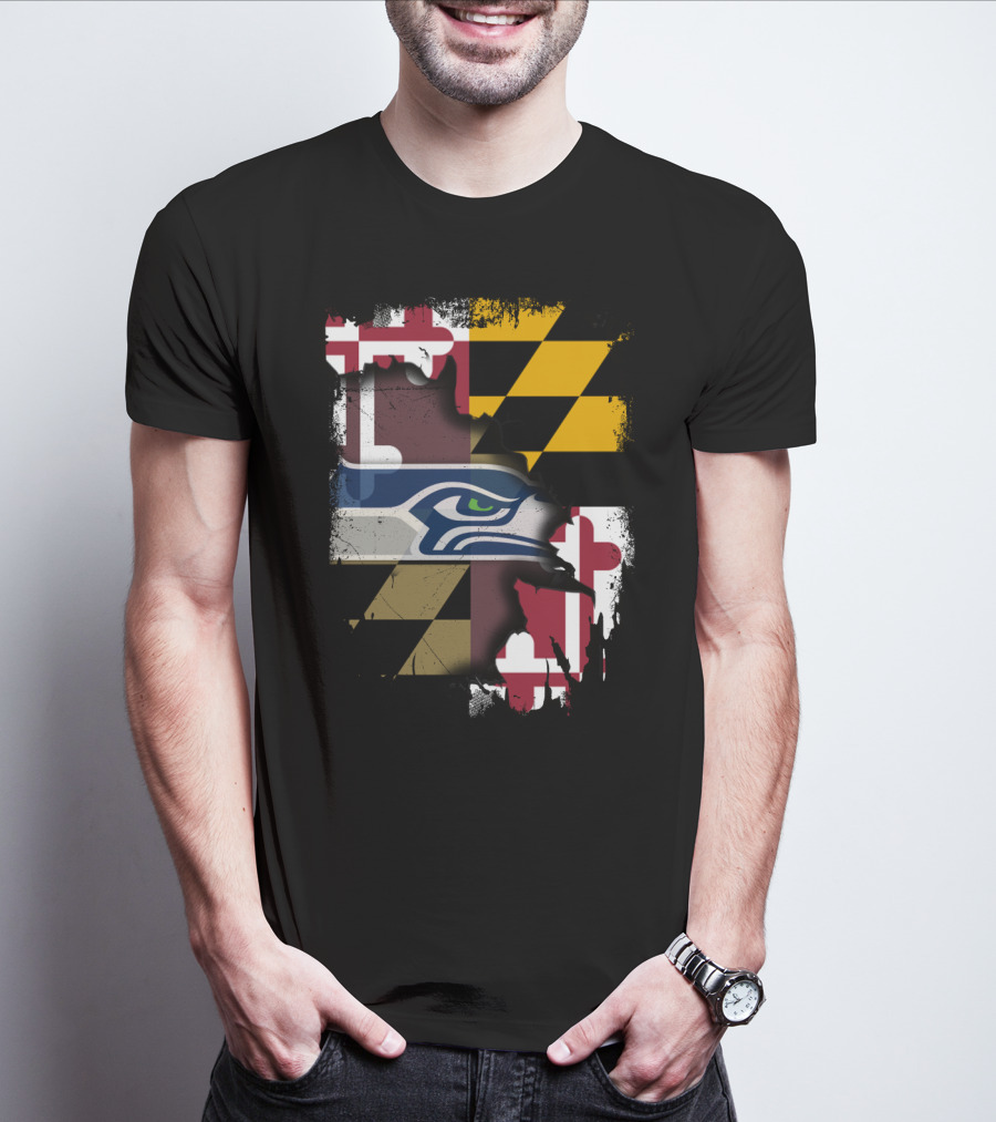Maryland Flag And Seahawks Logo Blend T-Shirt